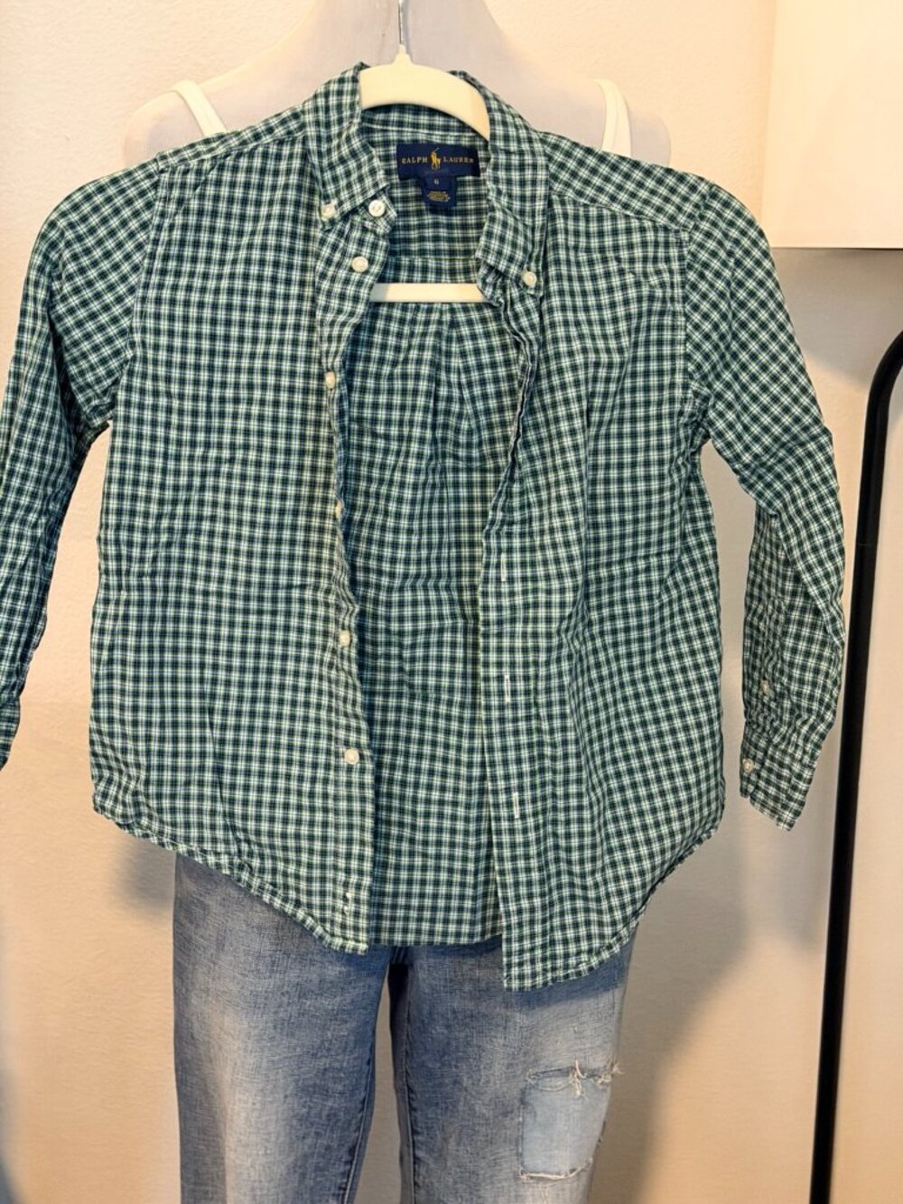 Ralph Lauren Green and White Gingham Button-Up Shirt Size 6